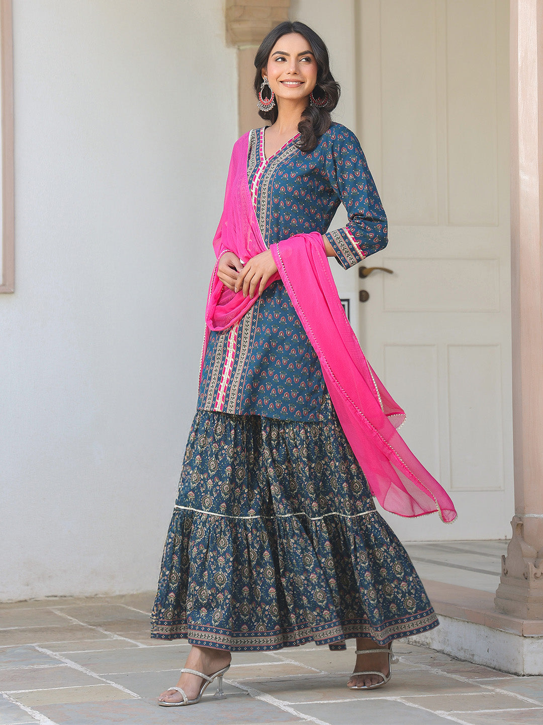 Janasya Dark Cotton Ethnic Motifs A-Line Kurta Set