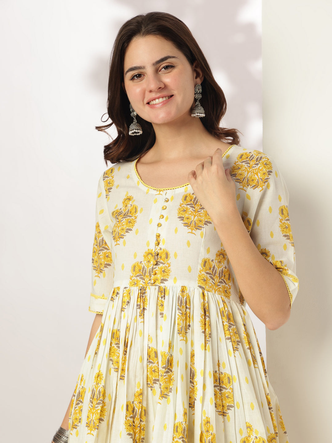 Janasya Light Cotton Floral A-Line Kurta Set