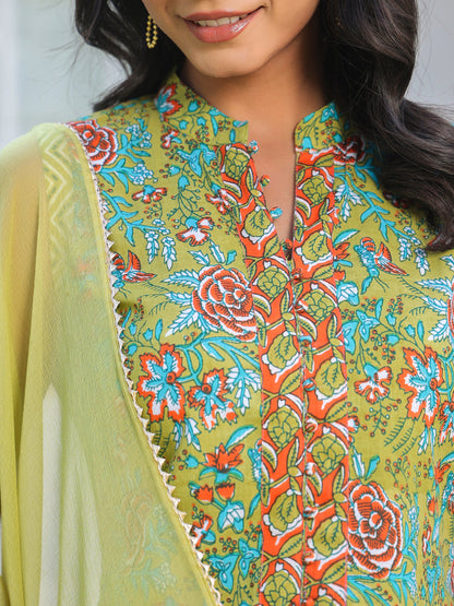 Janasya Bright Cotton Floral Straight Kurta Set