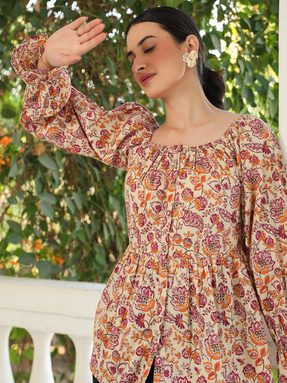 Janasya Light Cotton Floral Peplum Top