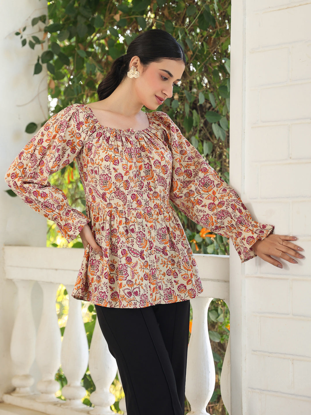 Janasya Light Cotton Floral Peplum Top