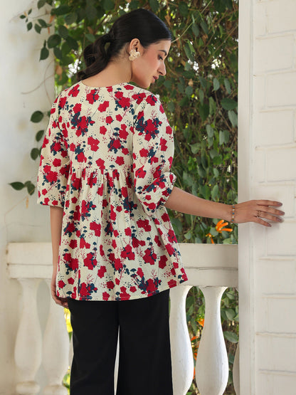Janasya Light Cotton Floral A-Line Top