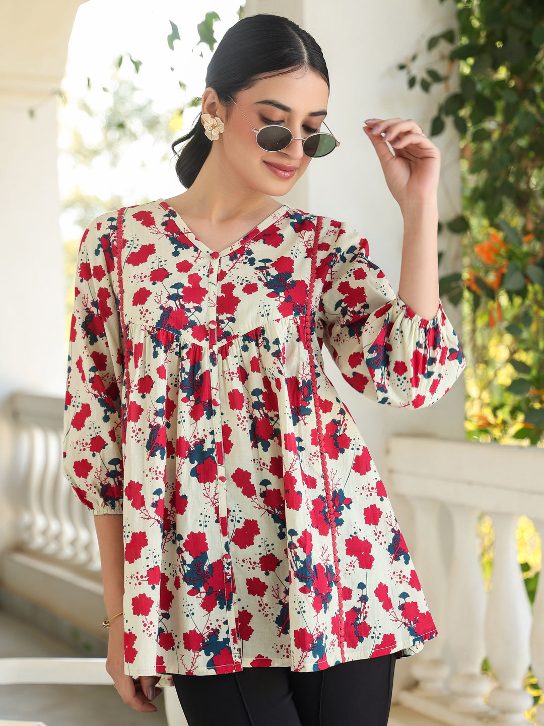 Janasya Light Cotton Floral A-Line Top