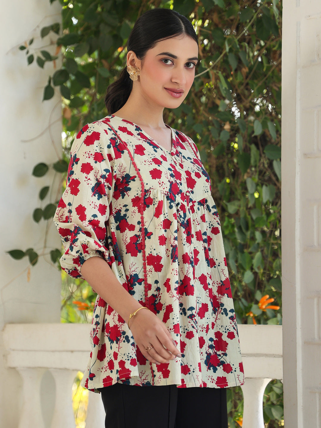 Janasya Light Cotton Floral A-Line Top
