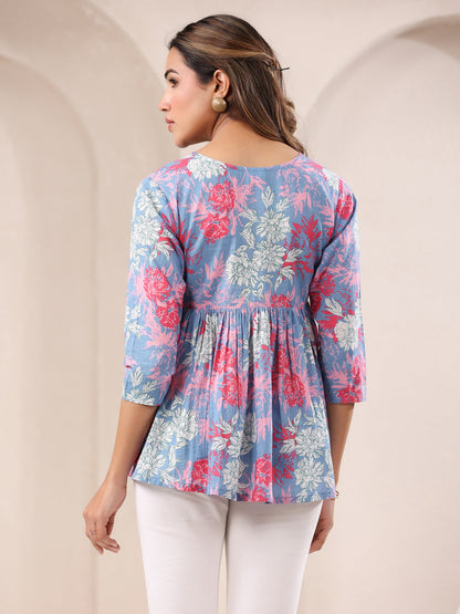 Janasya Light Cotton Floral A-Line Top