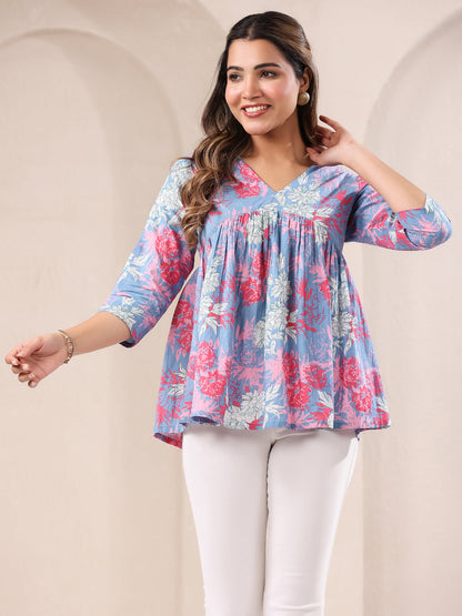 Janasya Light Cotton Floral A-Line Top