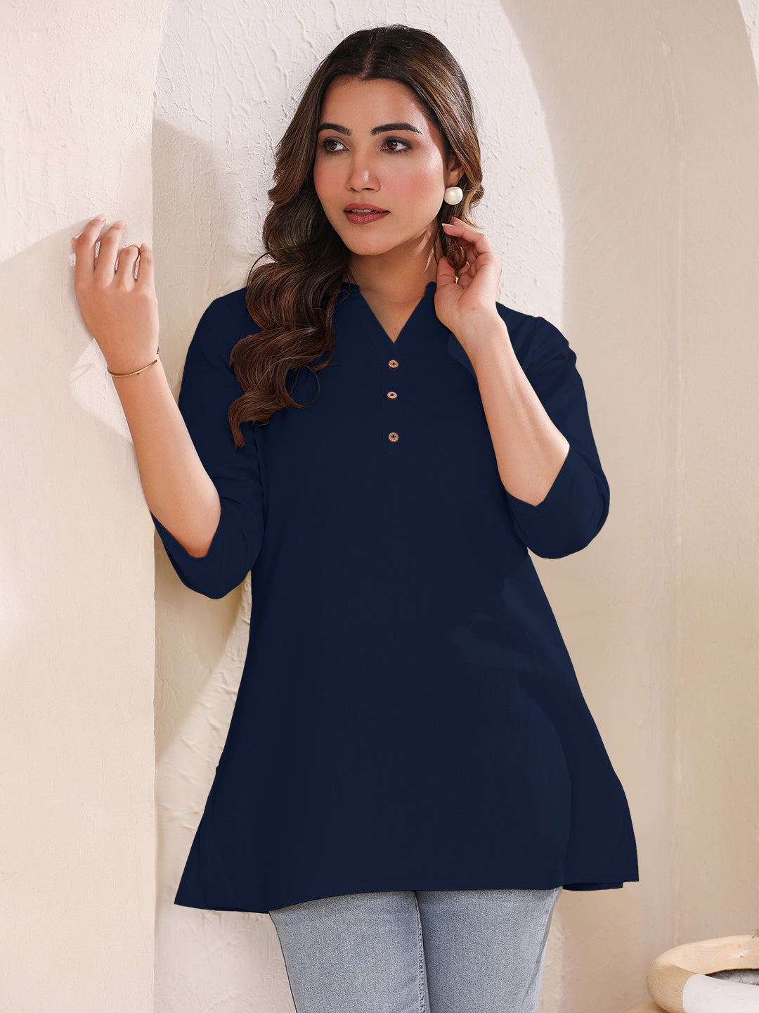 Janasya Dark Cotton Solid A-Line Top