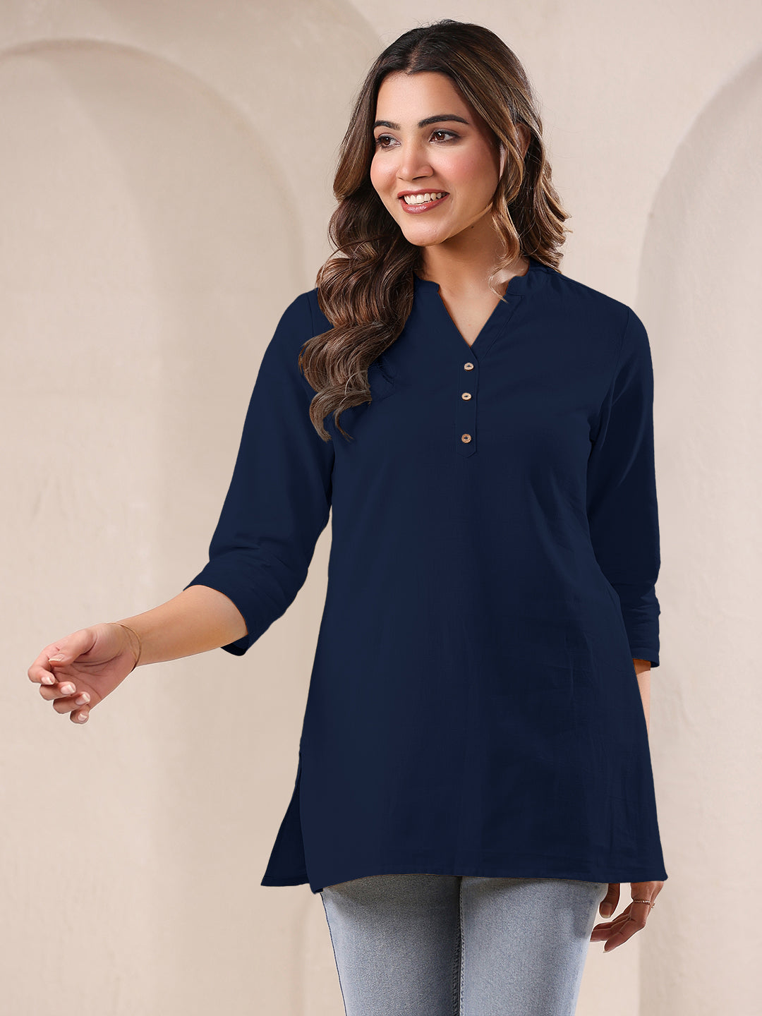 Janasya Dark Cotton Solid A-Line Top