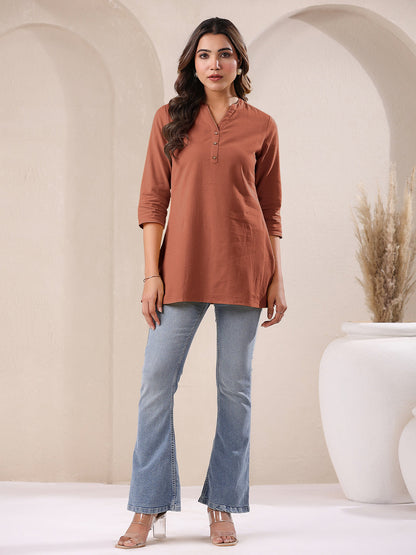 Janasya Dark Cotton Solid A-Line Top