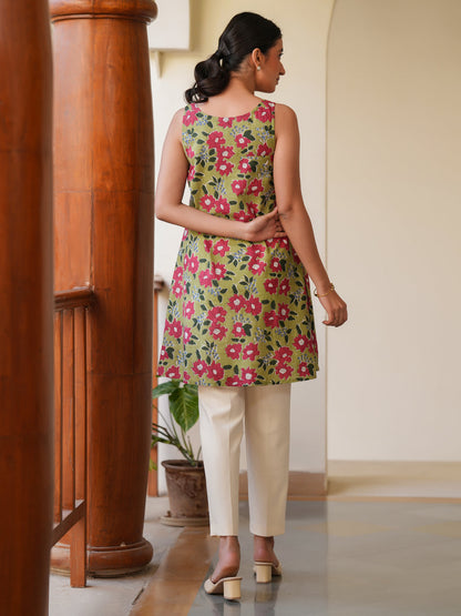 Janasya Dark Cotton Floral A-Line Tunic