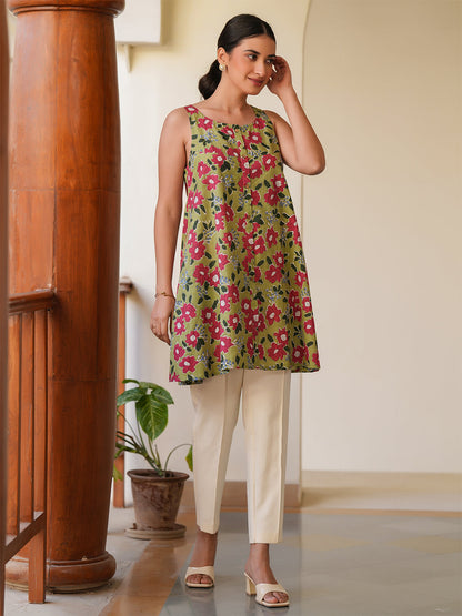 Janasya Dark Cotton Floral A-Line Tunic