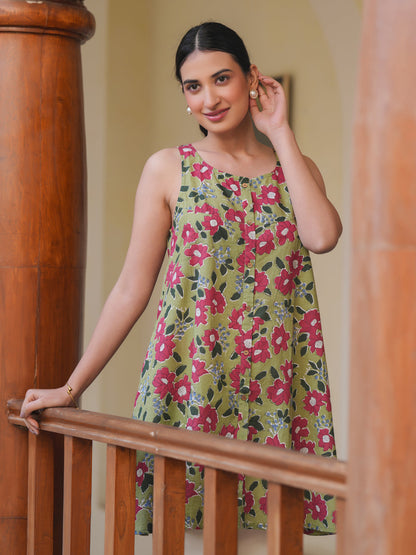Janasya Dark Cotton Floral A-Line Tunic