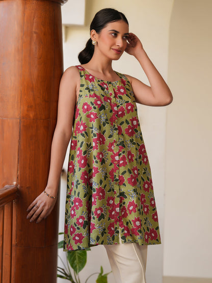 Janasya Dark Cotton Floral A-Line Tunic