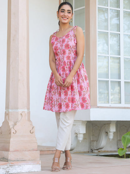 Janasya Bright Cotton Floral A-Line Tunic