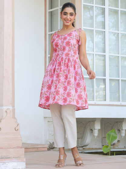 Janasya Bright Cotton Floral A-Line Tunic