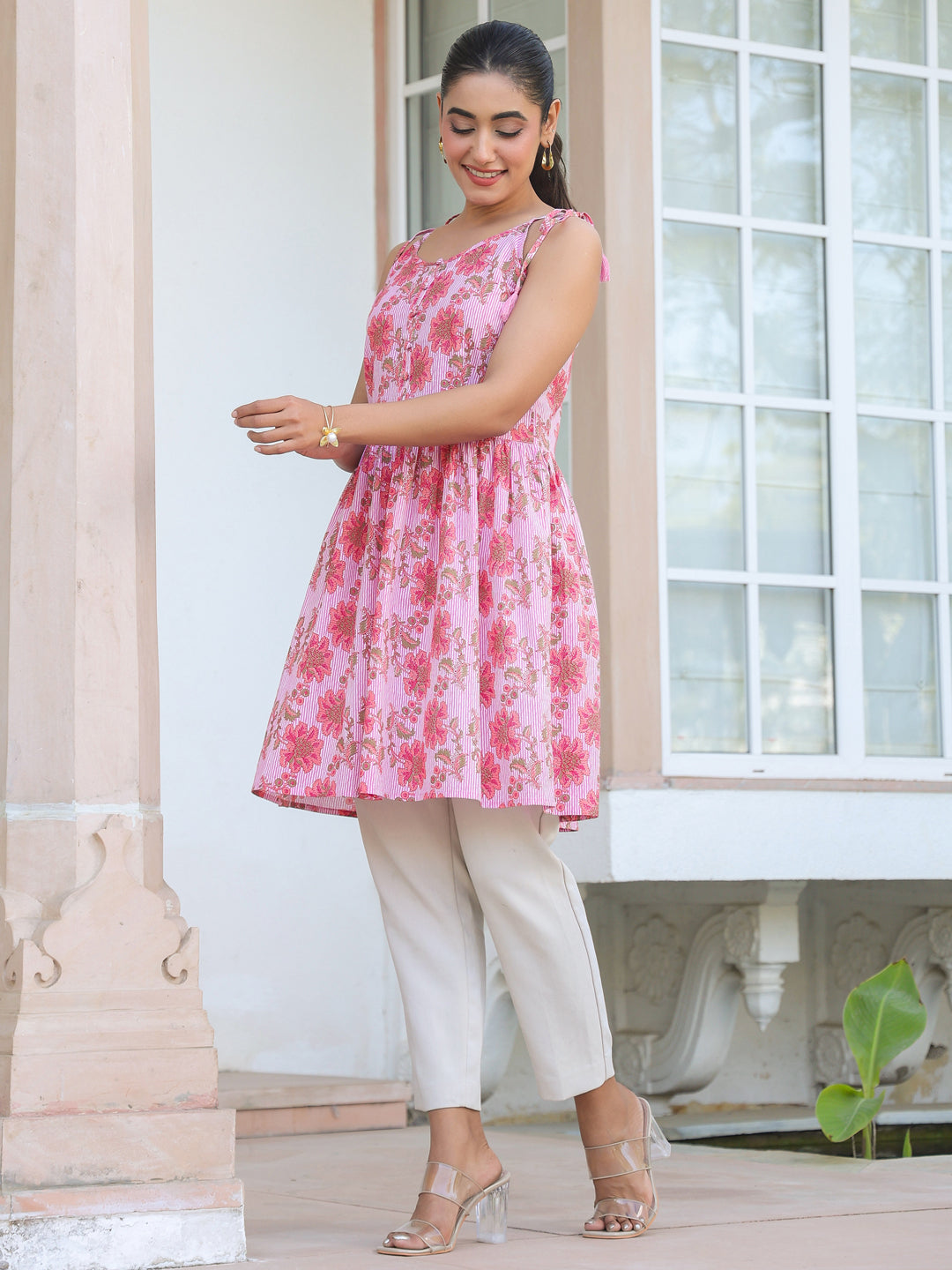 Janasya Bright Cotton Floral A-Line Tunic