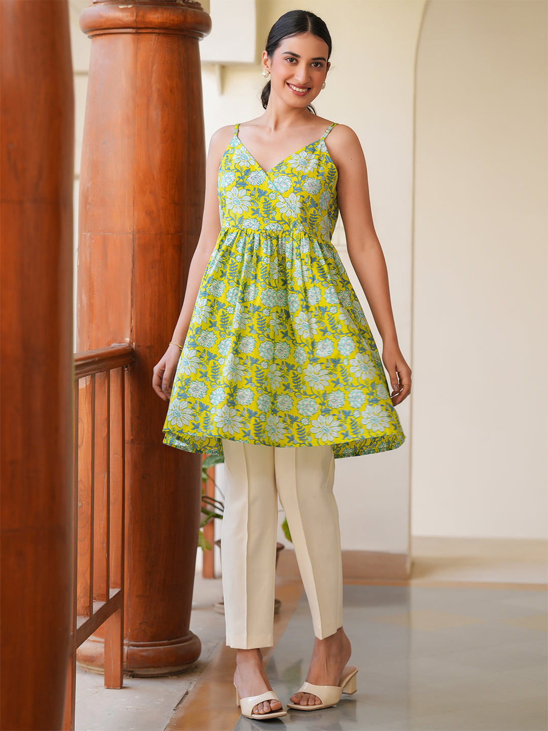 Janasya Bright Cotton Floral A-Line Tunic