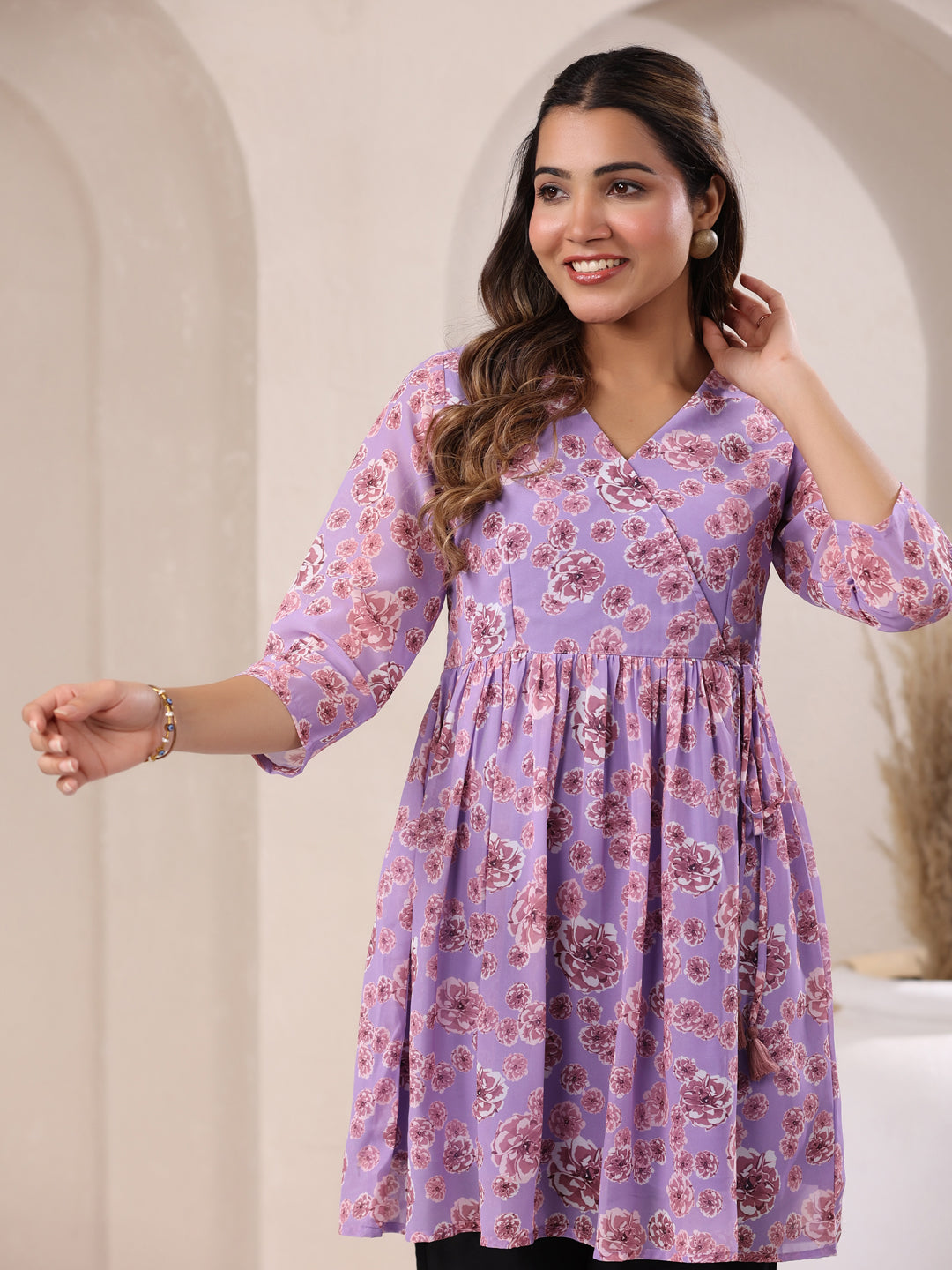 Janasya Bright Georgette Floral A-Line Tunic