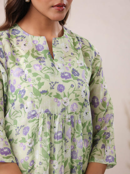 Janasya Light Silk Blend Floral A-Line Tunic
