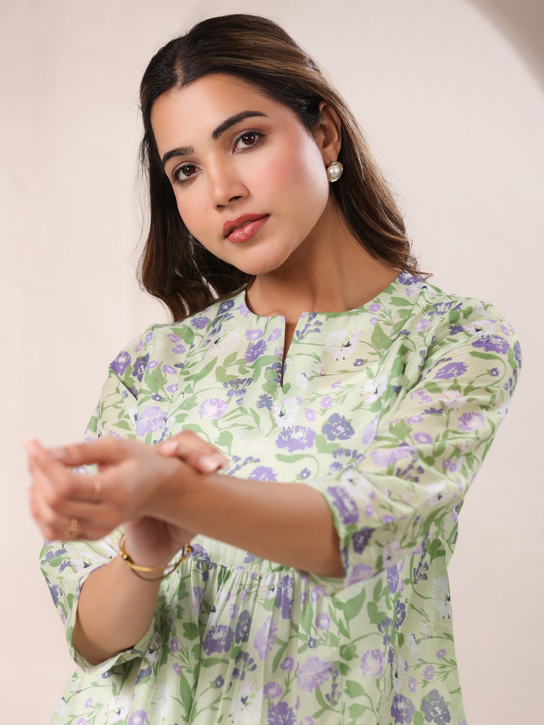 Janasya Light Silk Blend Floral A-Line Tunic