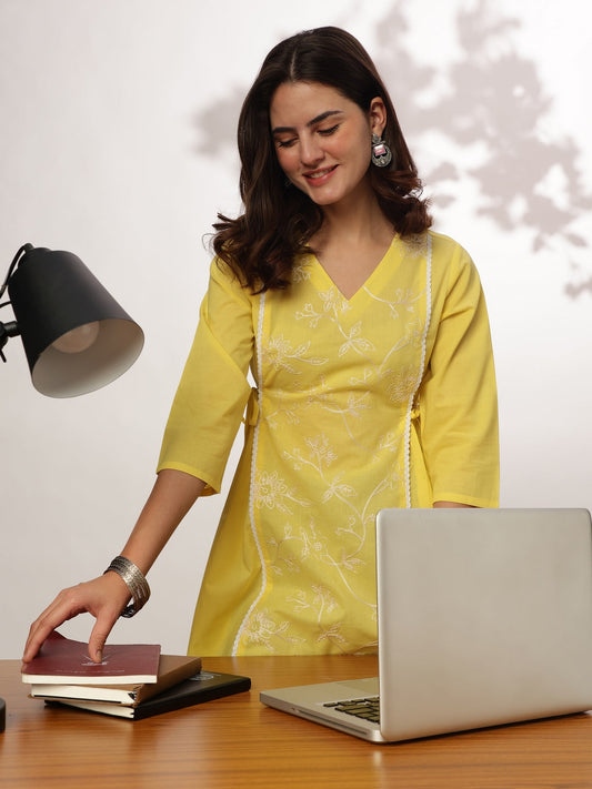 Janasya Bright Cotton Embroidered A-Line Tunic