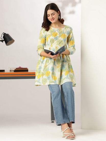 Janasya Light Cotton Floral A-Line Tunic