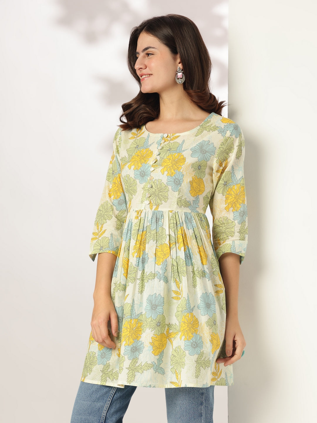 Janasya Light Cotton Floral A-Line Tunic