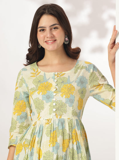 Janasya Light Cotton Floral A-Line Tunic