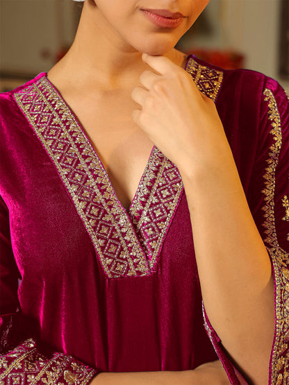 Janasya Pink Velvet Embroidered Kurta & Bottom