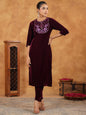 Janasya Wine Velvet Embroidered Kurta & Bottom