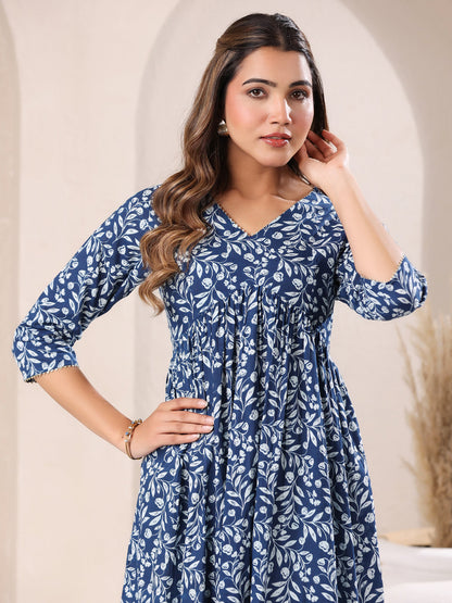 Janasya Dark Cotton Floral A-Line Kurta