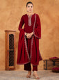 Janasya Maroon Velvet Embroidered Kurta,Bottom & Dupatta