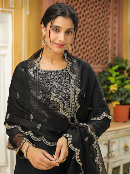 Janasya Black Premium Chinnon Embroidered Kurta,Bottom & Dupatta