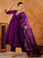 Janasya Purple Velvet Embroidered Kurta,Bottom & Dupatta
