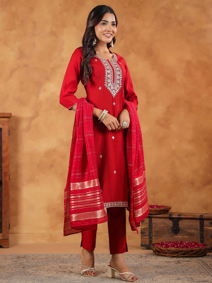 Janasya Dark Chanderi Embroidered Straight Kurta Set