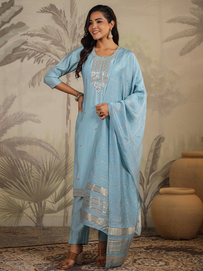 Janasya Light Chanderi Embroidered Straight Kurta Set