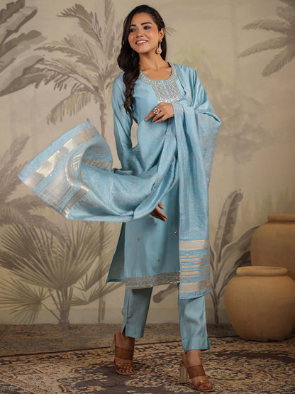 Janasya Light Chanderi Embroidered Straight Kurta Set