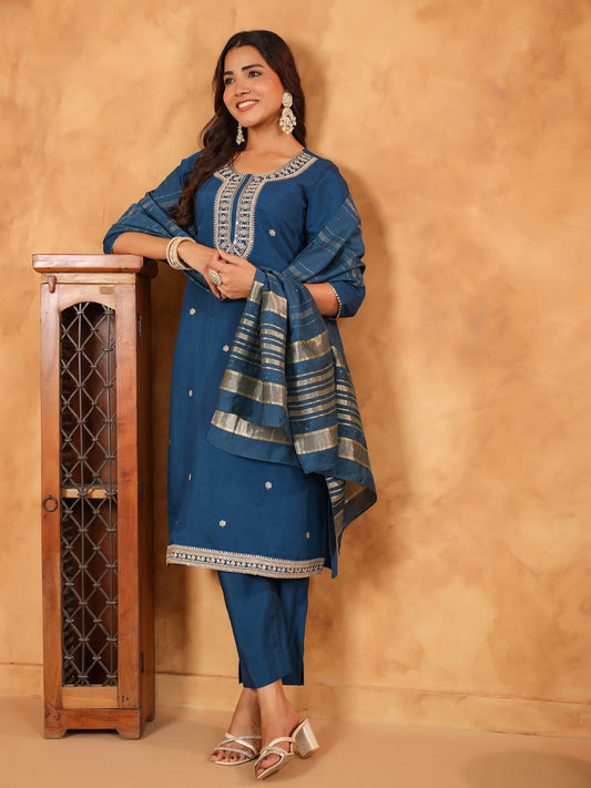 Janasya Dark Chanderi Embroidered Straight Kurta Set