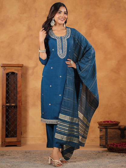 Janasya Dark Chanderi Embroidered Straight Kurta Set