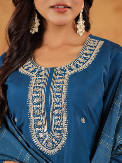 Janasya Dark Chanderi Embroidered Straight Kurta Set