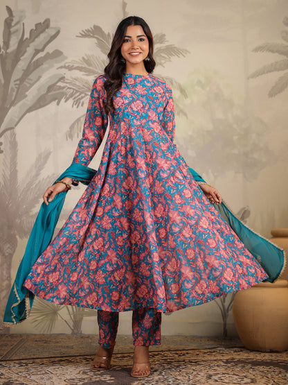 Janasya Teal Weightless Georgette Floral Kurta,Bottom & Dupatta