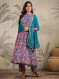 Janasya Teal Weightless Georgette Floral Kurta,Bottom & Dupatta
