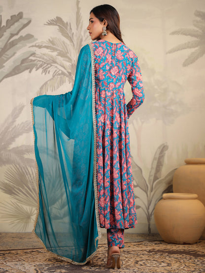 Janasya Teal Weightless Georgette Floral Kurta,Bottom & Dupatta