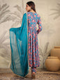 Janasya Teal Weightless Georgette Floral Kurta,Bottom & Dupatta