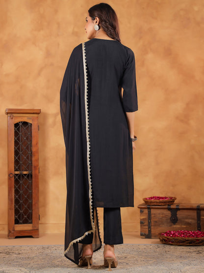Janasya Dark Chanderi Embroidered Straight Kurta Set