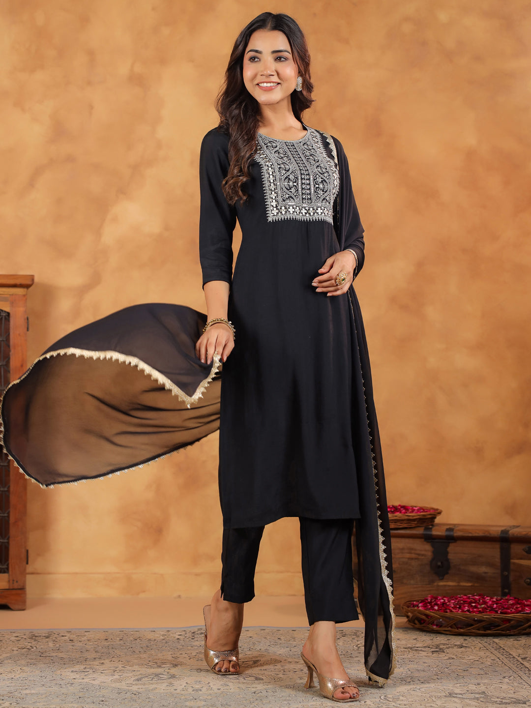 Janasya Dark Chanderi Embroidered Straight Kurta Set