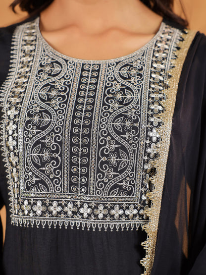 Janasya Dark Chanderi Embroidered Straight Kurta Set