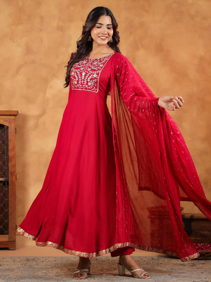 Janasya Pink Rayon Embroidered Kurta,Bottom & Dupatta