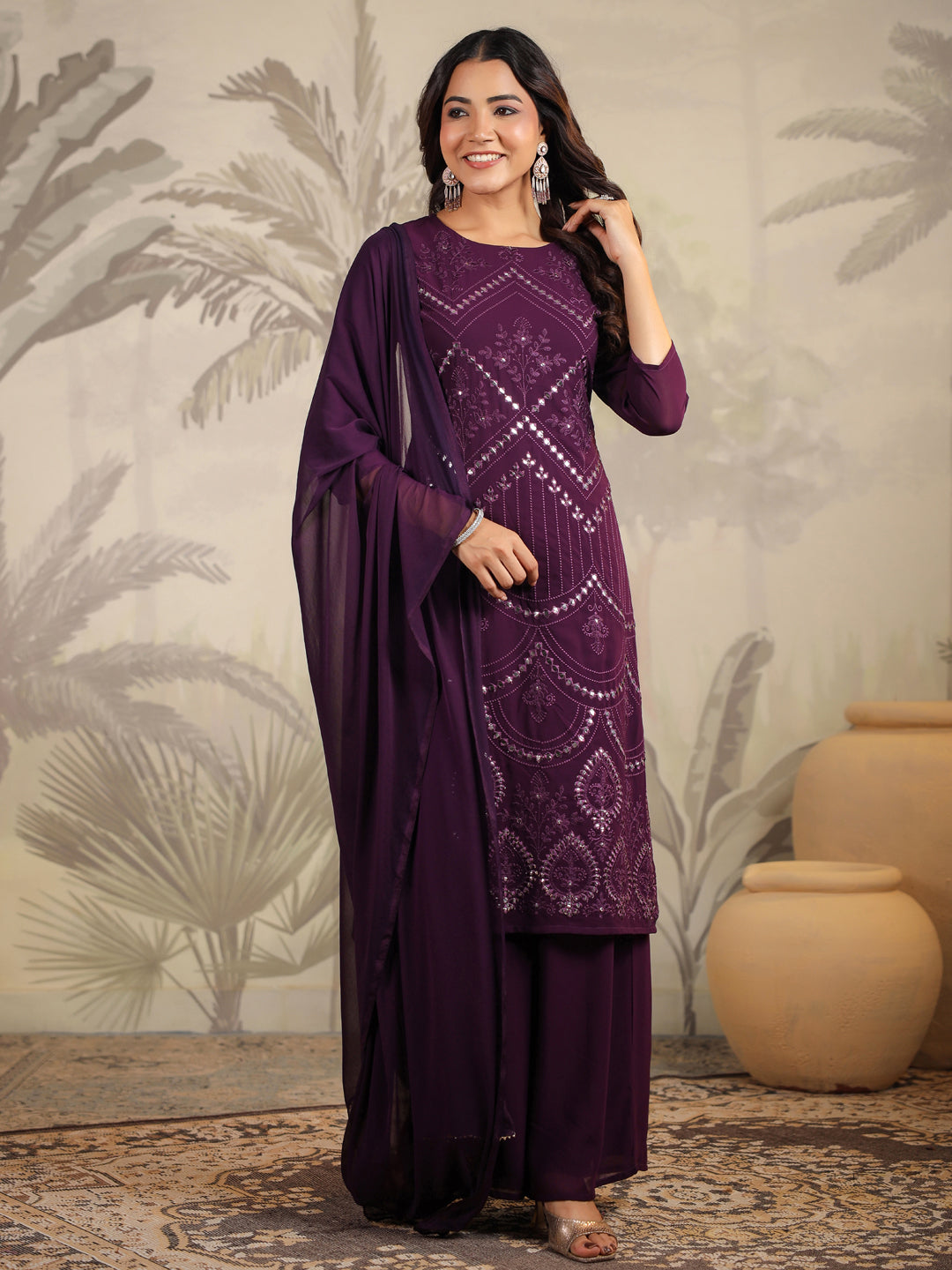Janasya Purple Weightless Georgette Embroidered Kurta,Bottom & Dupatta