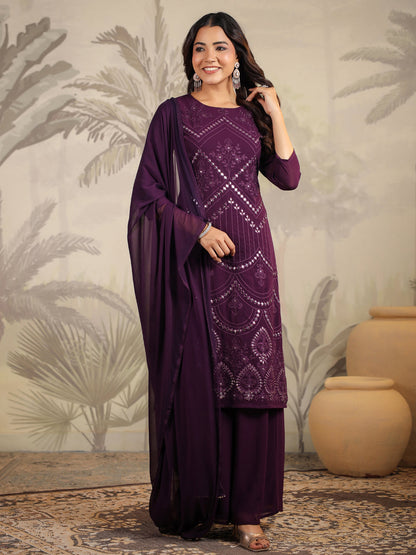 Janasya Purple Weightless Georgette Embroidered Kurta,Bottom & Dupatta
